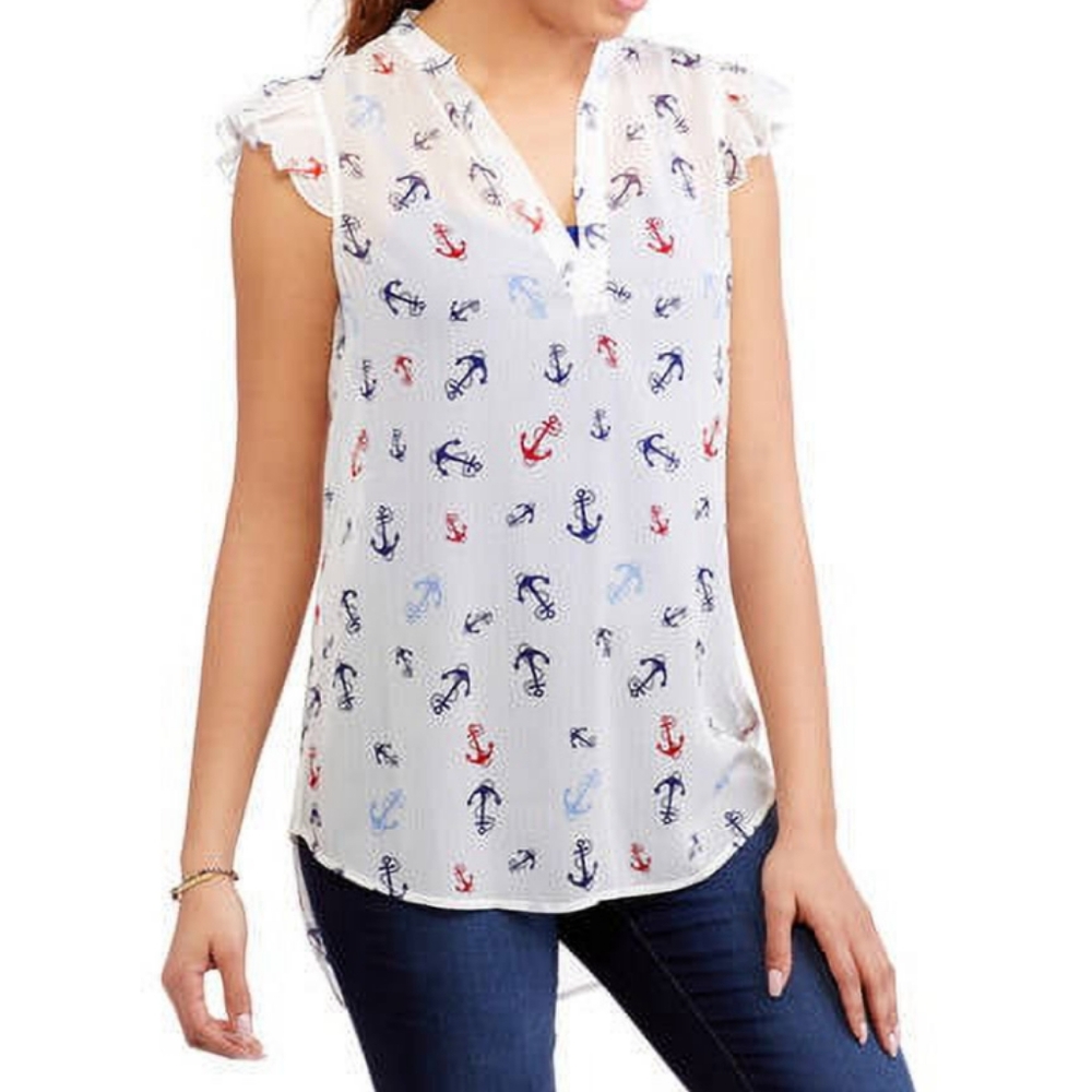 NWOT No Boundaries Printed Flutter Sleeve Mandarin Collar Tunic Junior's S